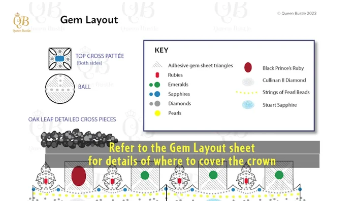 Glue gems and crystals to the crown according to the layout.
