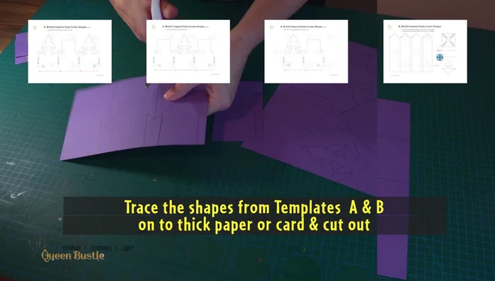 Create the crown template by tracing shapes from templates A and B onto card, measuring your head size, and assembling the shapes onto a strip of card.