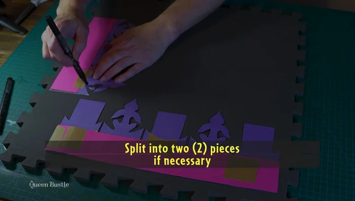 Trace the crown template onto the EVA foam mat, potentially splitting it into two pieces for easier handling. Cut out the shapes using sharp craft knives.
