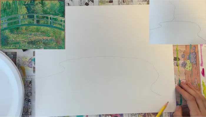 Sketch basic shapes: curving line for the pond, rough line dividing background trees and foreground grass. DO NOT draw the bridge yet.