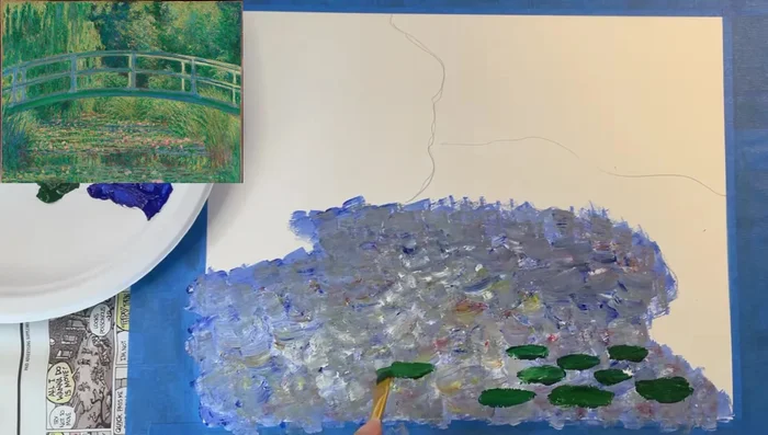 Add lily pads: Use green paint to create rough dashes, varying the size to create depth (larger pads closer, smaller further away).