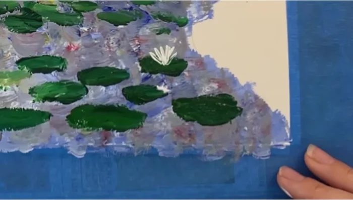 Paint lily flowers: Stamp the brush edge (five times per flower) with white paint, creating a fan shape. Add touches of red.