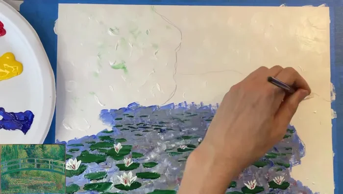 Paint the background: Layer thin brushstrokes of white, blue, and yellow to represent trees and plants, building up color gradually and varying shades to create depth.