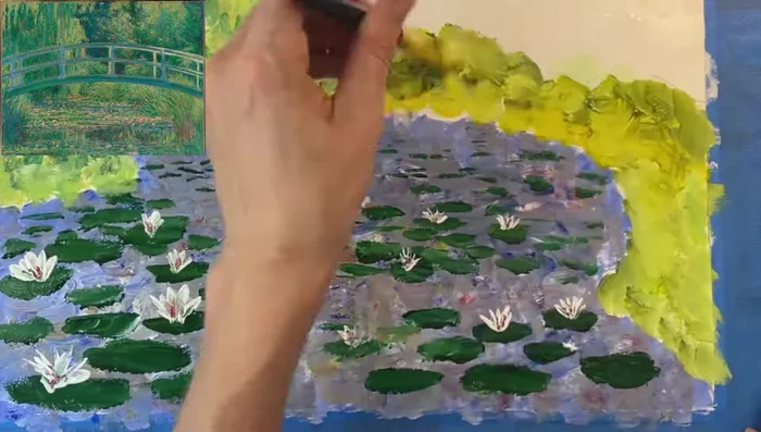 Paint the grass: Use white and yellow, layering with blue and yellow brushstrokes, adding darker blue/white areas for shading.