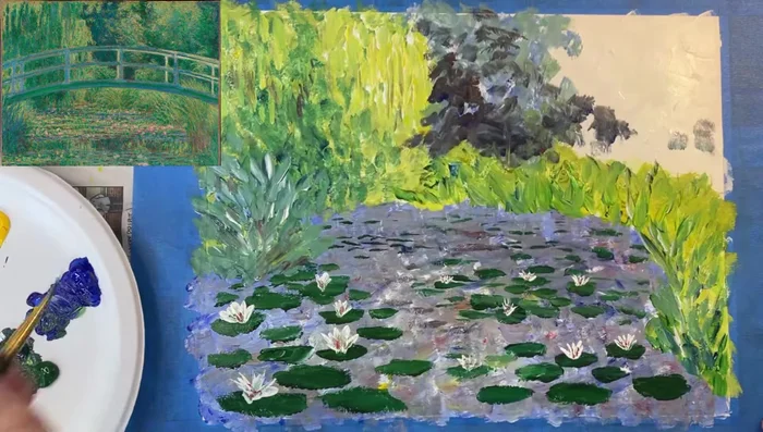 Add shadows and highlights: Use brown and blue to create darker areas. Add white highlights for sunlight reflections on plants and trees.