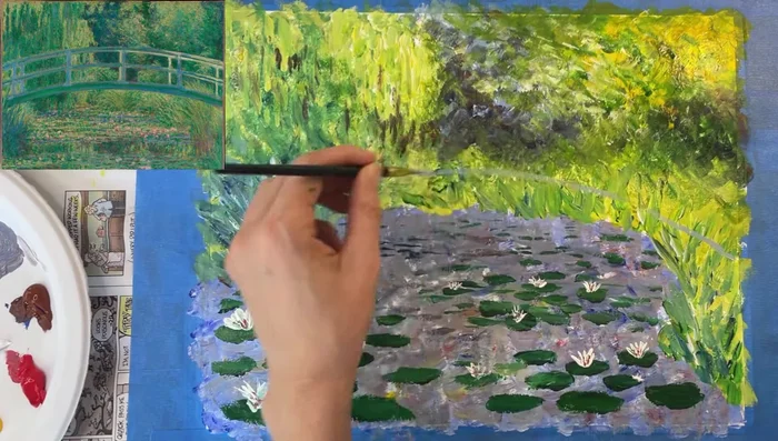 Paint the bridge: Mix brown, blue, and white. Paint three thin arches, layering for solidity. Add thin black lines for shadows, and thin white lines for highlights using a small brush.