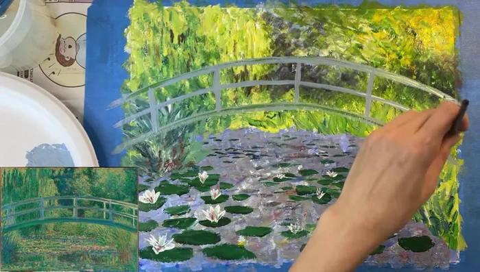 Add bridge posts: Paint five vertical posts on the bridge, then add final highlights/shadows as desired.