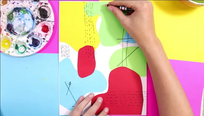 Enhance shapes with texture: Use a white pencil or oil pastel to add lines, zigzags, or swirls onto the colored shapes, adding further texture.