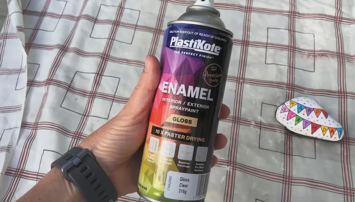 Seal the painted rock with two coats of exterior grade, non-yellowing spray varnish with UV stabilizers, allowing 20 minutes drying time between coats.