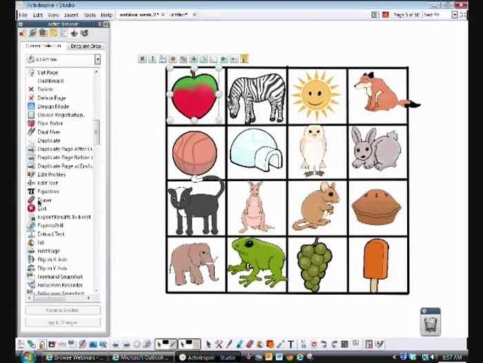 Make images interactive: Select an image, go to the action browser, select 'Hidden', and set the target to the image itself. Repeat for all images. This will make the image disappear and reappear on click.
