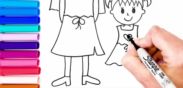 Draw the girl's legs and shoes.