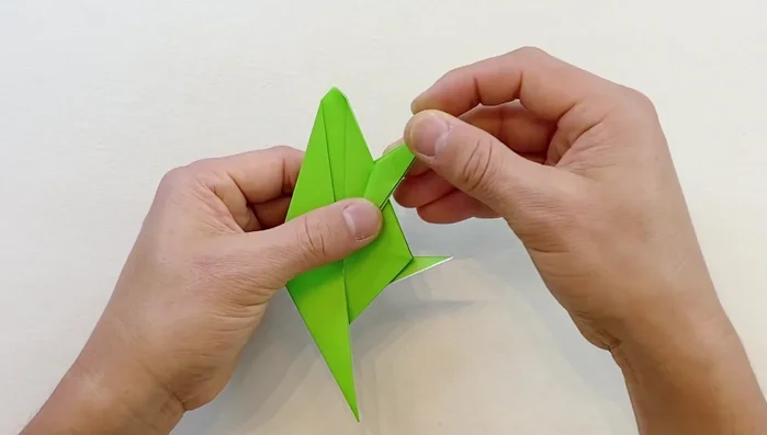 Bring one side slightly downward, open from the bottom and fold it down. Repeat on the other side.