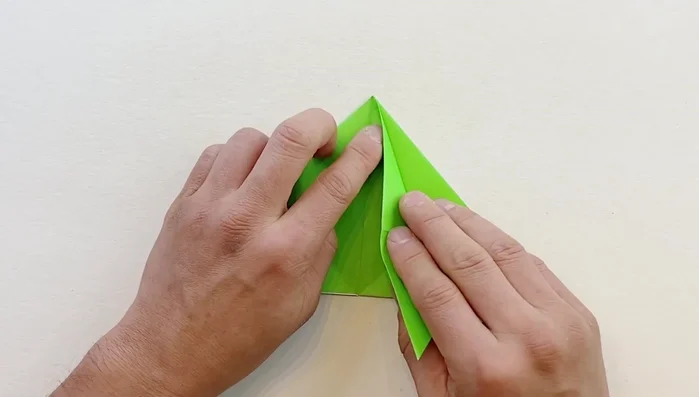 Fold one flap in half, bringing the two sides together, then fold it to a point and let it fall. Repeat on the other side.