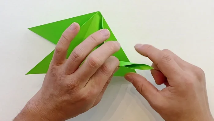 Fold one flap in half, bringing the two sides together, then fold it to a point and let it fall. Repeat on the other side.
