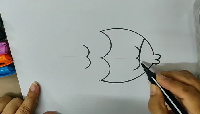 Connect the top points of the 'D' shapes with a curved line to form the fish's body.
