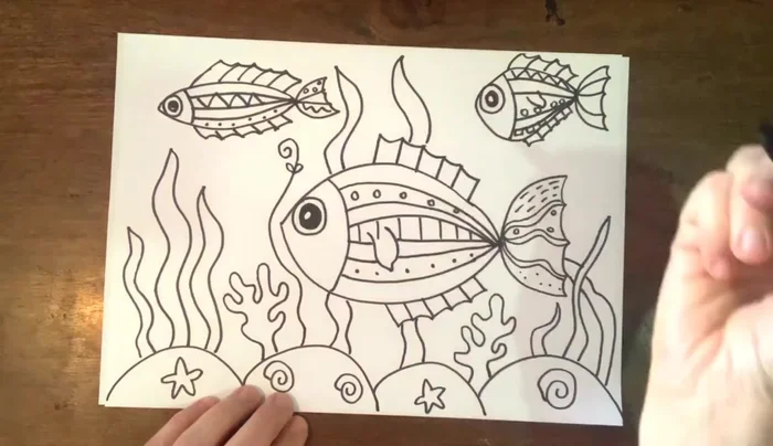 Draw a different type of seaweed: lines with small leaves and buds.