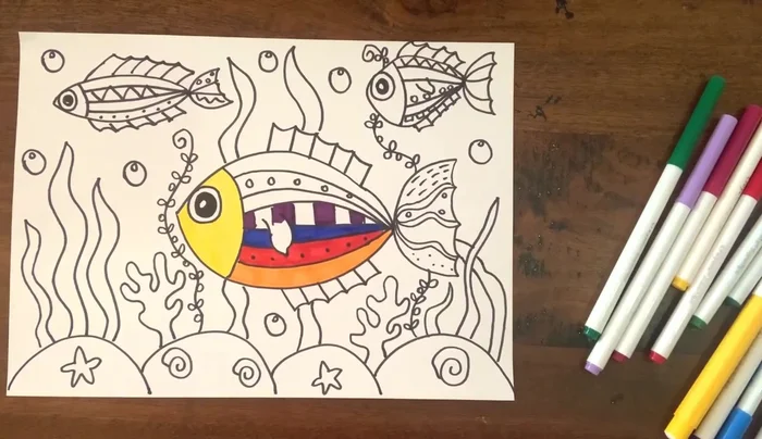 Color in all drawings using colored markers, filling white spaces and keeping strokes in the same direction.