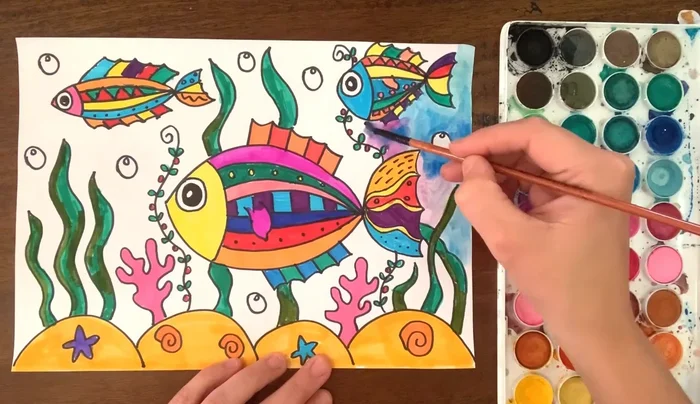 Add watercolor background using cool colors (blues, greens, purples), keeping the paint watery and away from the marker lines.