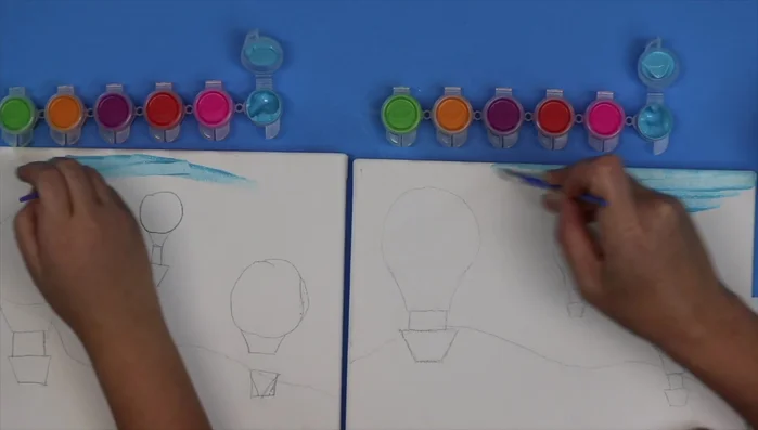 Paint the grass green, using horizontal strokes and carefully blending the green with the blue horizon line.