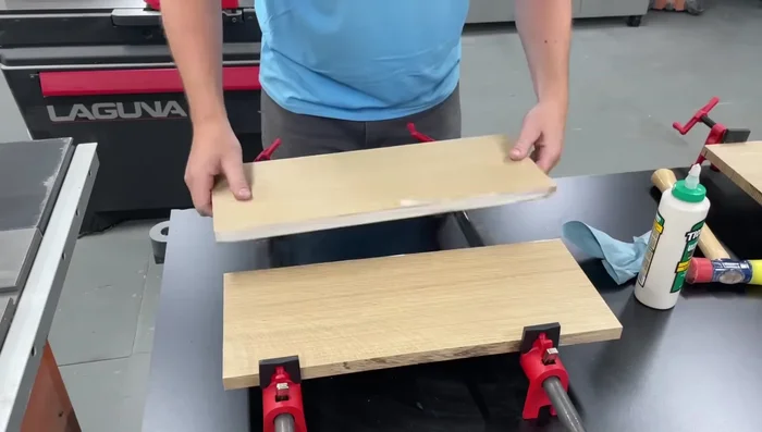 Glue up four box panels and the top. Laminate pieces for thicker legs if necessary.