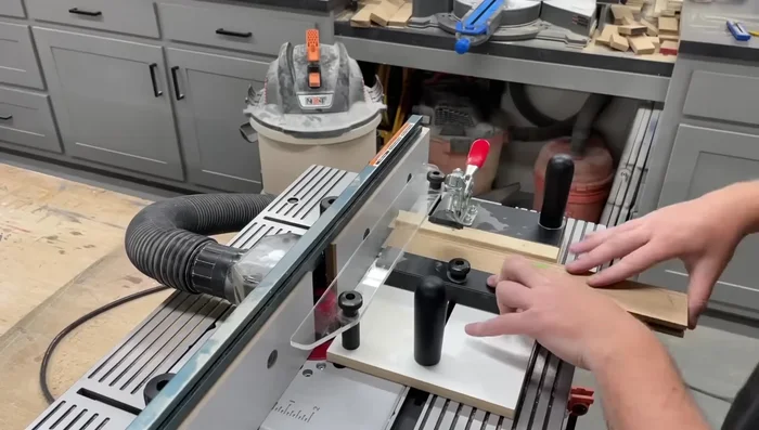 Cut tongues on all vertical pieces. Mill extra material for test pieces to dial in the height. Use a coping sled (optional) for easier routing.