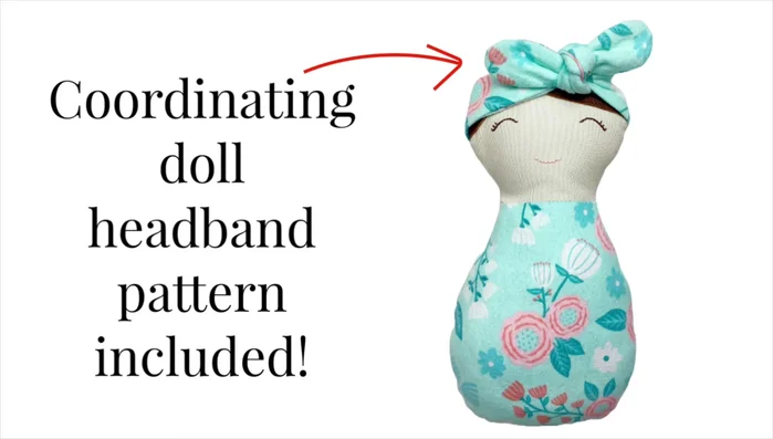 Make the headband (optional): Cut two pieces from the headband pattern piece, sew around the edges, leaving a gap to turn right side out. Turn and press flat. Tie around the doll’s head.