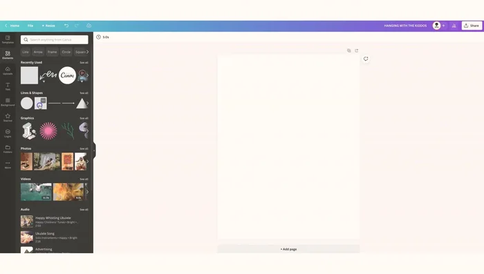 Create Template in Canva: Open a blank Canva page. Go to 'Elements,' then 'Lines and Shapes.' Select a rectangle shape for your bag topper. For 5x7 bags, use appropriate dimensions (video provides measurements for other sizes as well). Add a vertical line down the center to help with folding.