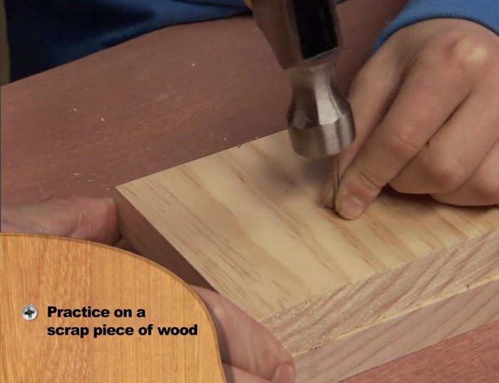 Hammer nails into the box, using a nail set to countersink them.