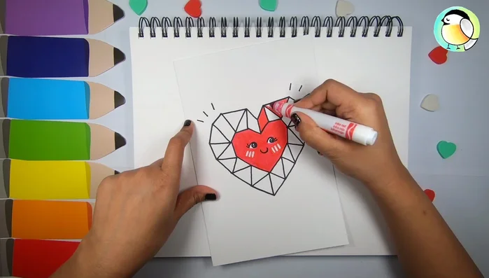 Fill alternate segments of the outer heart with red, using lighter and darker shades for variation.