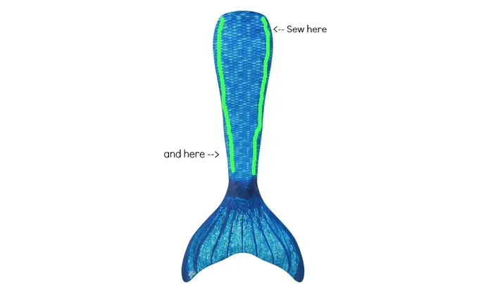 Sew the tail: Sew the two fabric pieces together using a zigzag stitch, leaving the top edge and bottom open for elastic and monofin insertion.