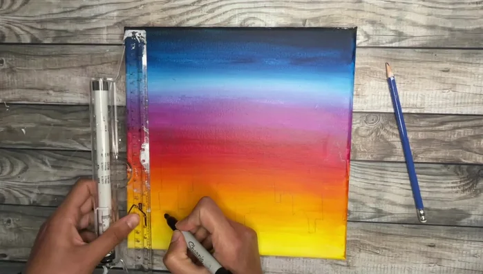 Sketch cityscape using ruler and pencil/sharpie.