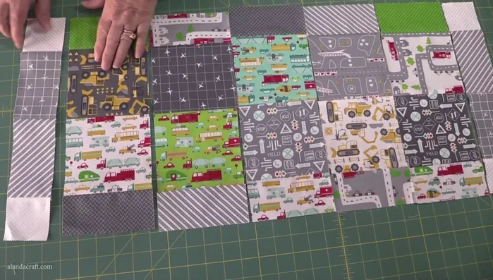 Assemble table runner rows: Sew the columns together, nesting seams.