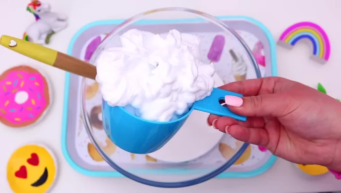 Add one cup of shaving foam to the glue.