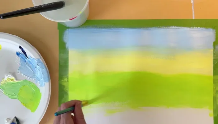 Add a bottom layer using yellow, green, blue, brown, and white. Adjust color saturation by adding more white if needed.