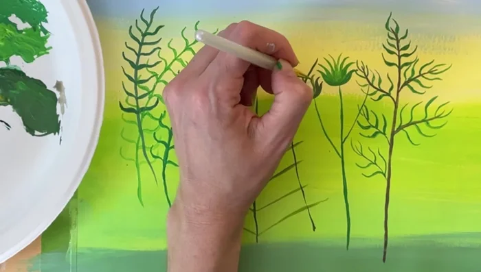 Add more detail to the plants using different shades and techniques.