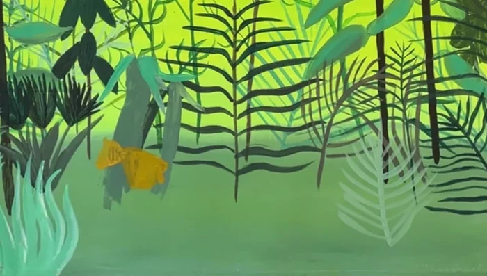 Paint a lion and lioness, roughly rendering their shapes and hiding parts behind plants.