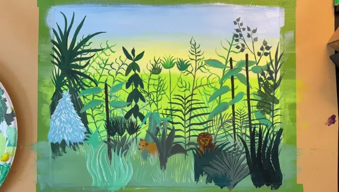 Add tiny blades of grass using light creamy yellow and light teal. Use a tiny brush and water for thin strokes.