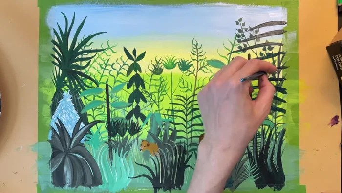 Add a setting sun using a light reddish-orange color.