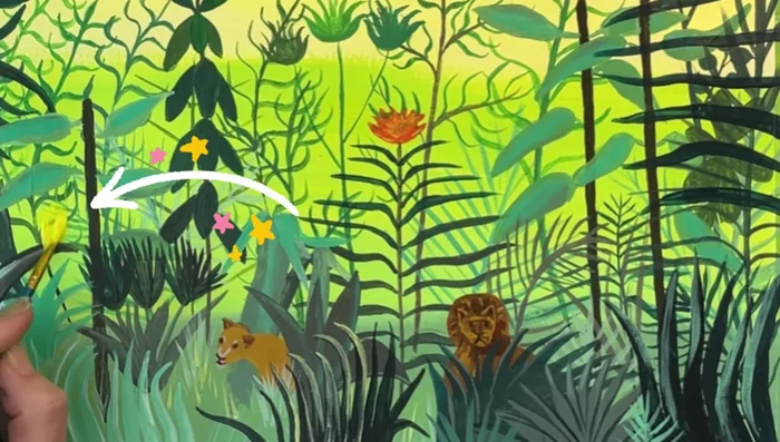 Add flowers and bananas using orange, yellow, and white. Allow paint to dry completely between layers.